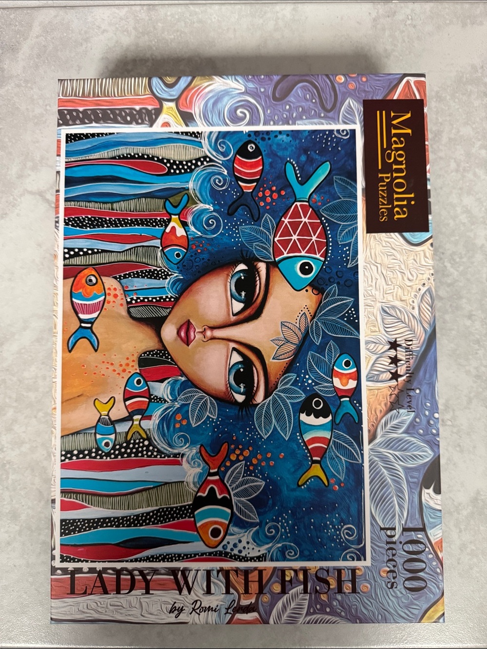 Magnolia Puzzle Lady With Fish - Blue, Red, Orange, Black, White